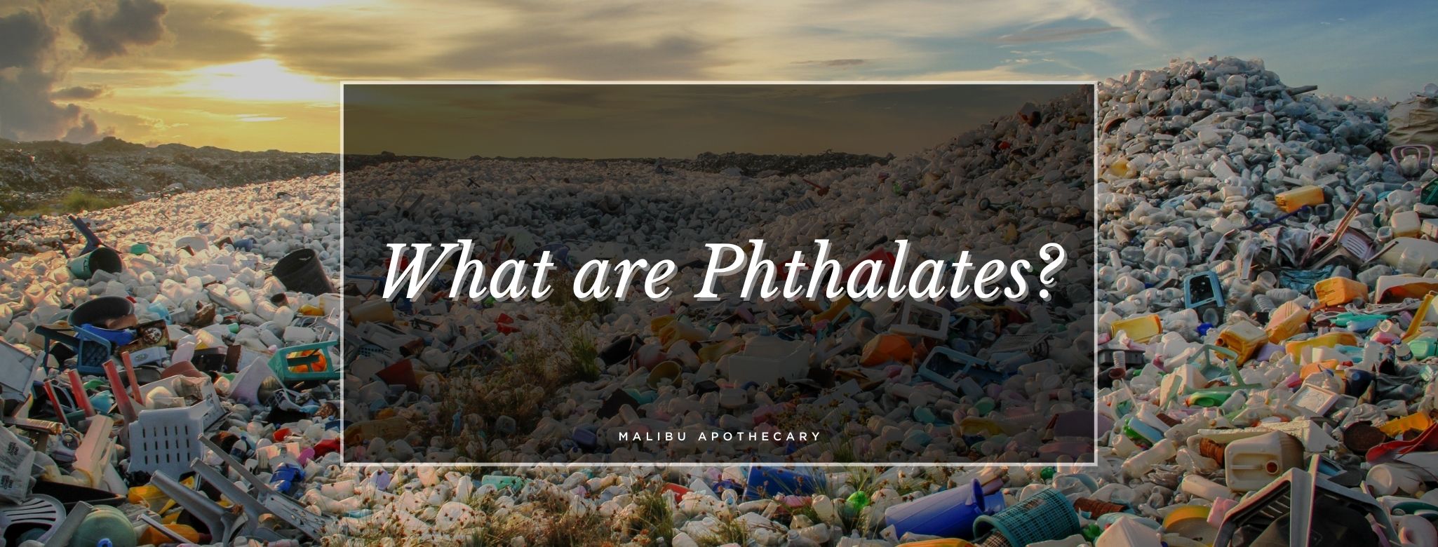 Plastic waste pollution in a landfill at sunset, symbolizing the environmental impact of phthalates – hero image for Malibu Apothecary's blog on what phthalates are and why to avoid them.