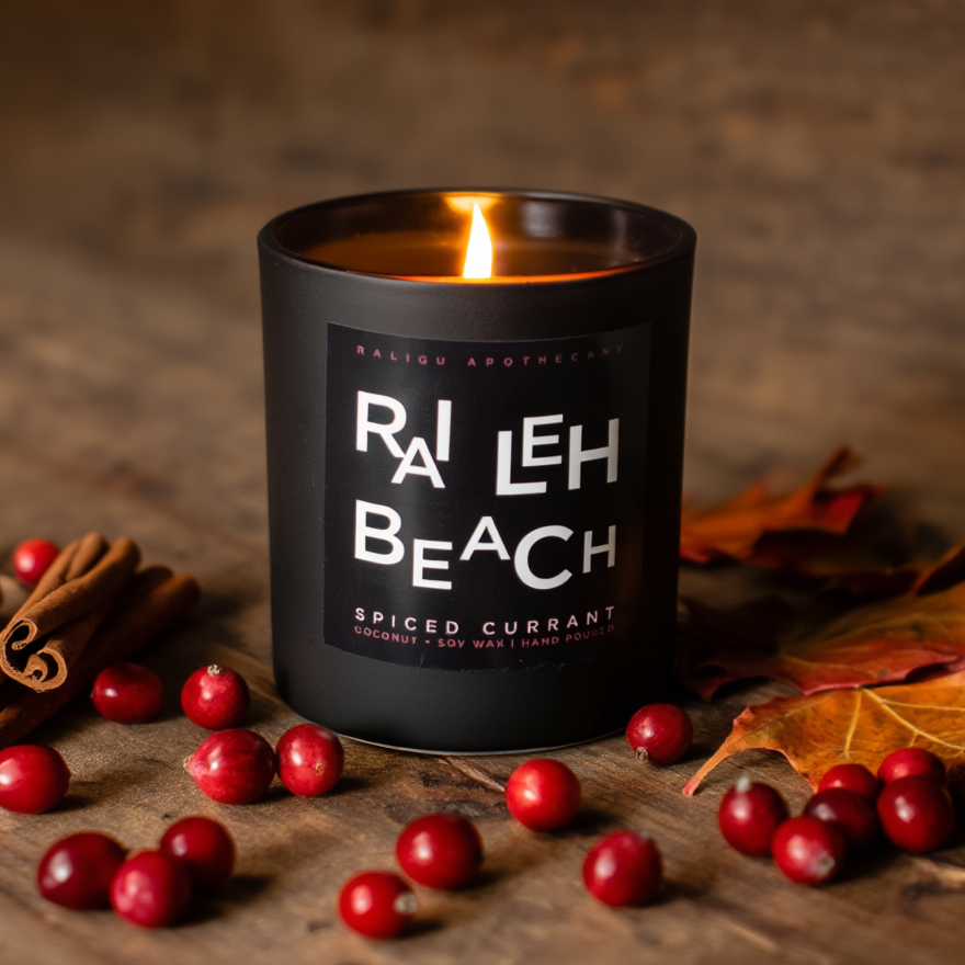 Candle with 'RA LEH BEACH' branding surrounded by spices and berries on a wooden surface