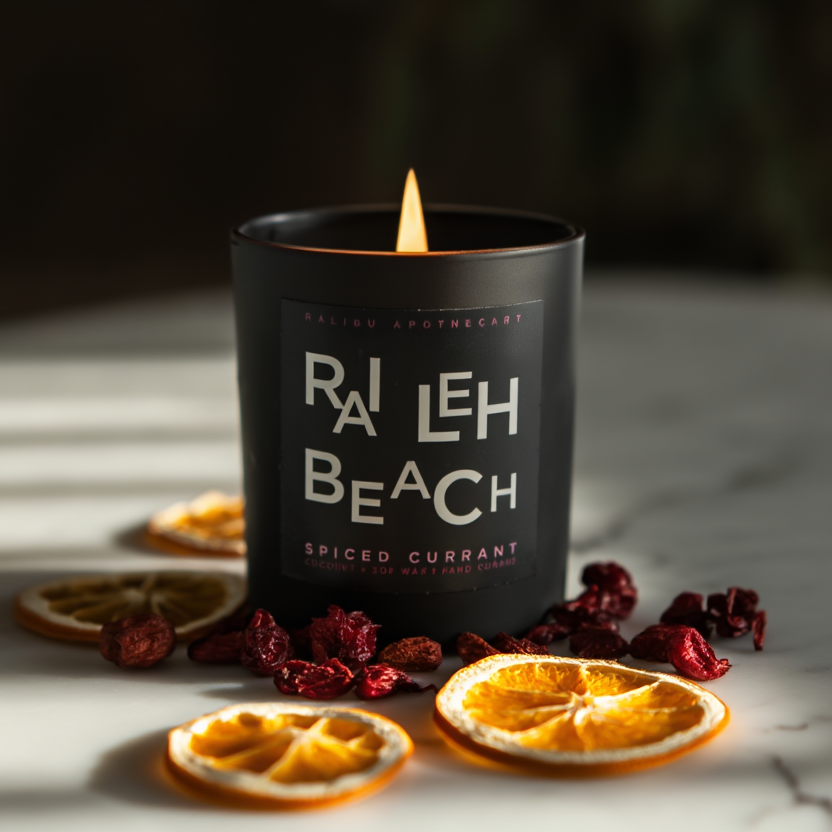 Candle labeled 'Raj Leh Beach' with dried fruits and oranges on a marble surface
