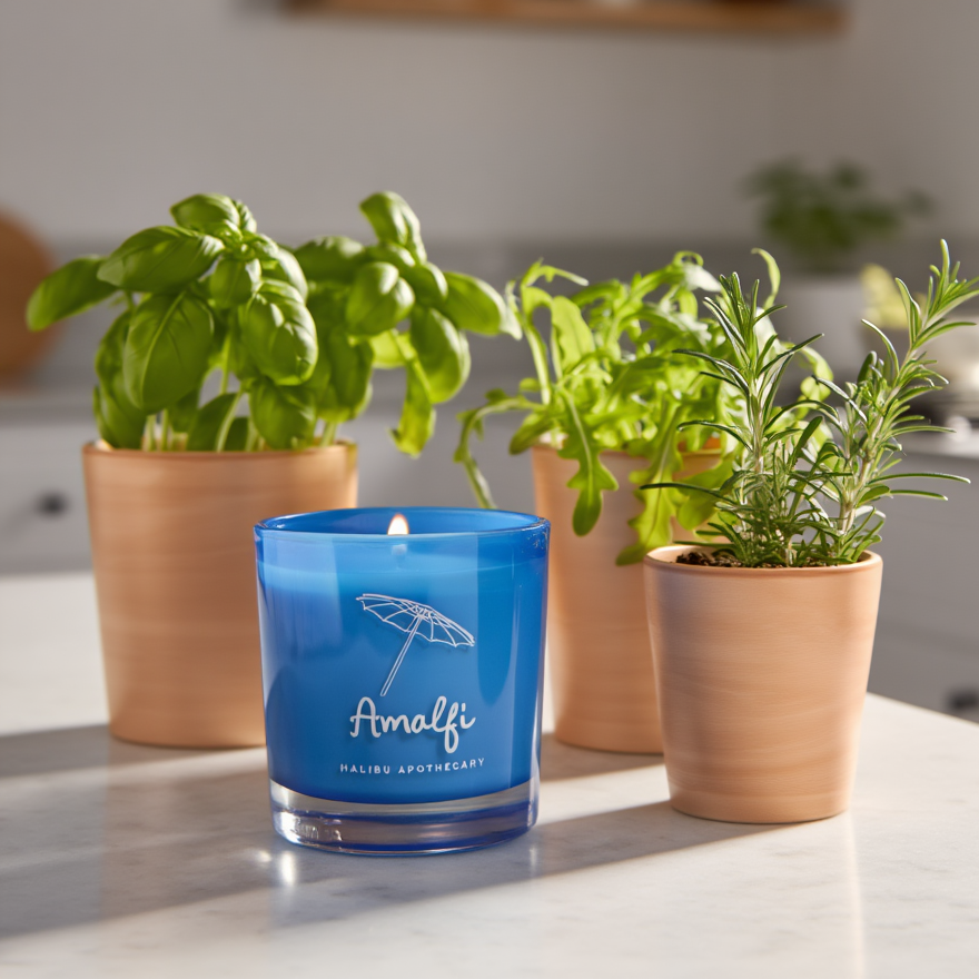 Blue candle labeled 'Amalfi' with potted plants on a kitchen counter