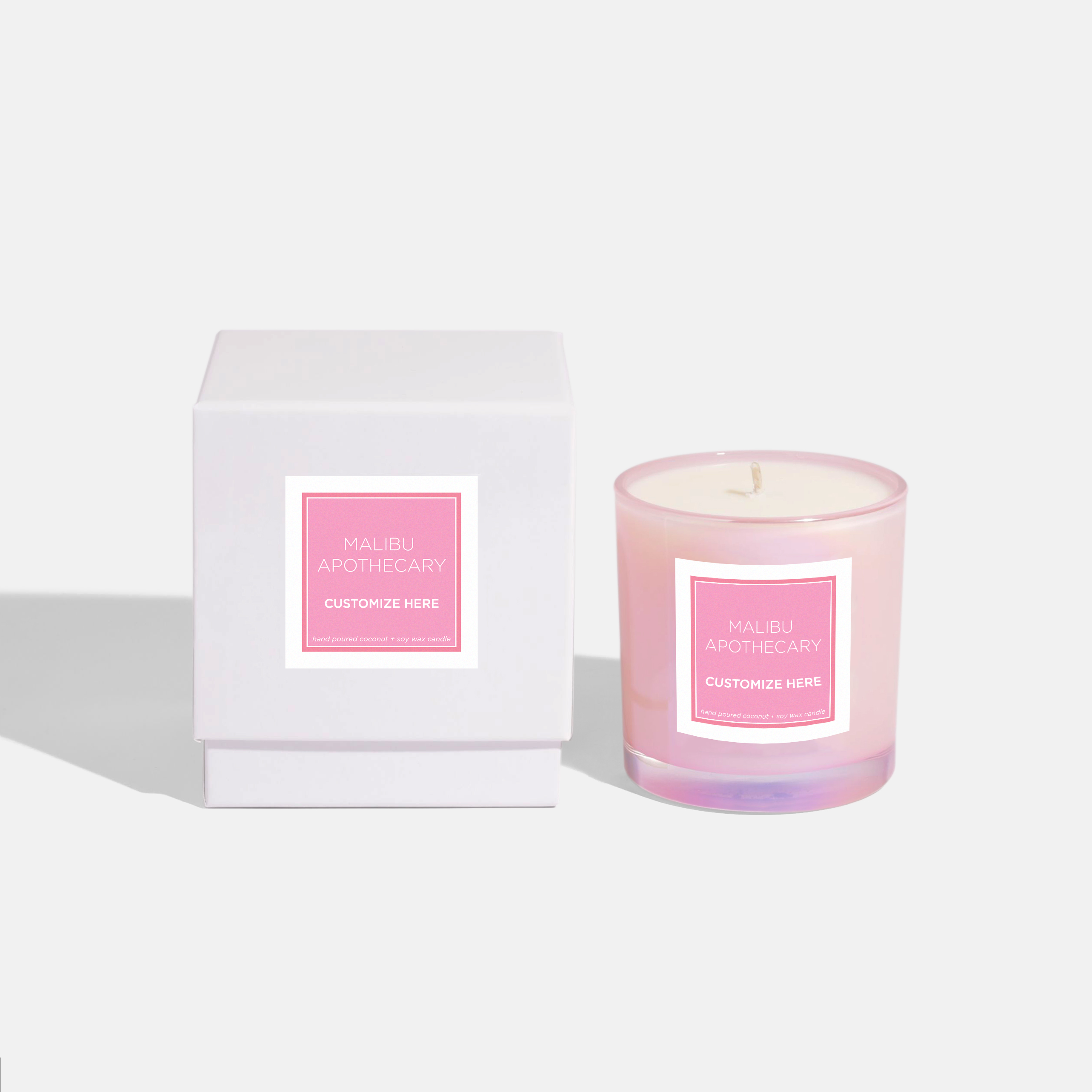 Custom candle in iridescent pink with space for customized text to personalize