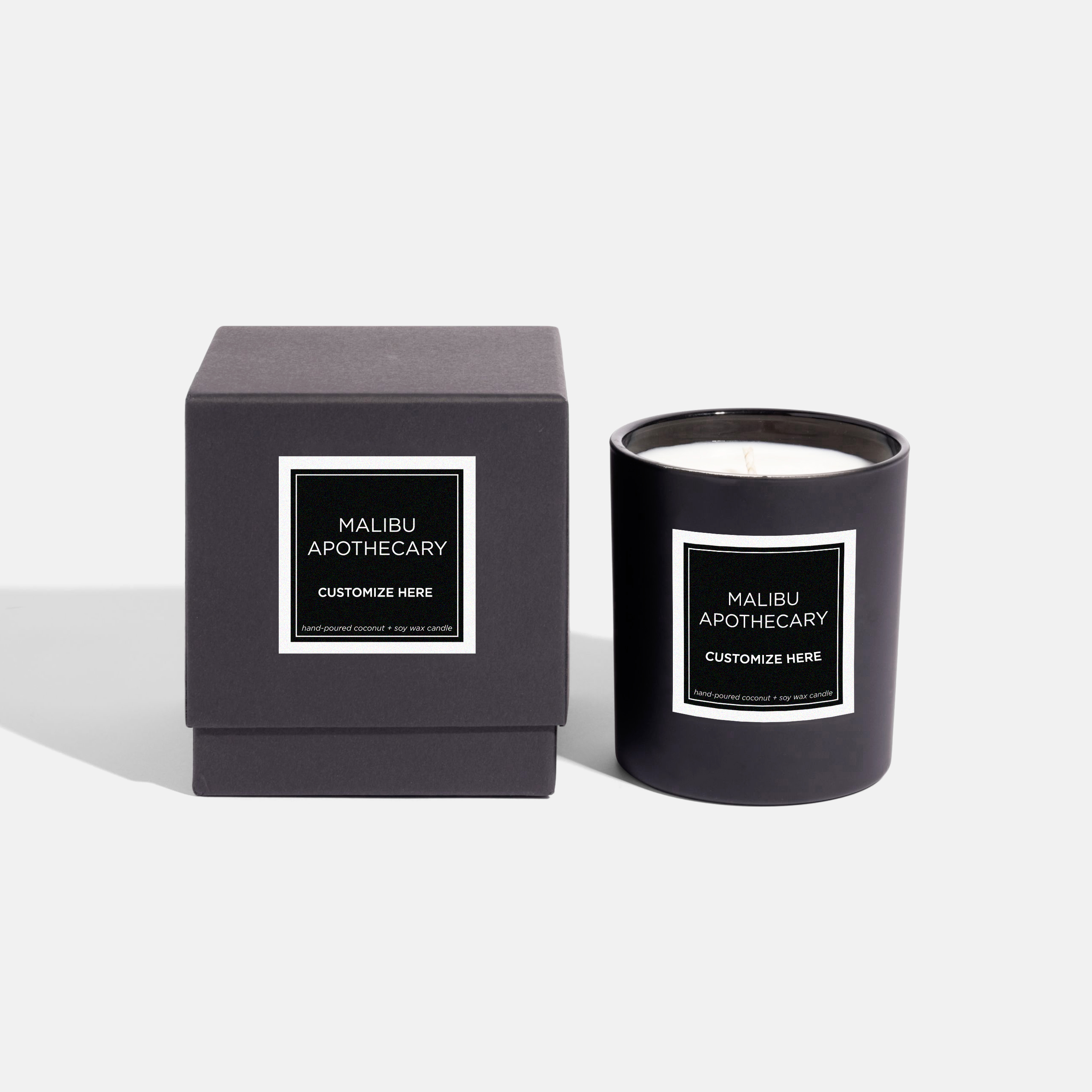 Personalized candle in matte black with black gift box room for text, "customize here"
