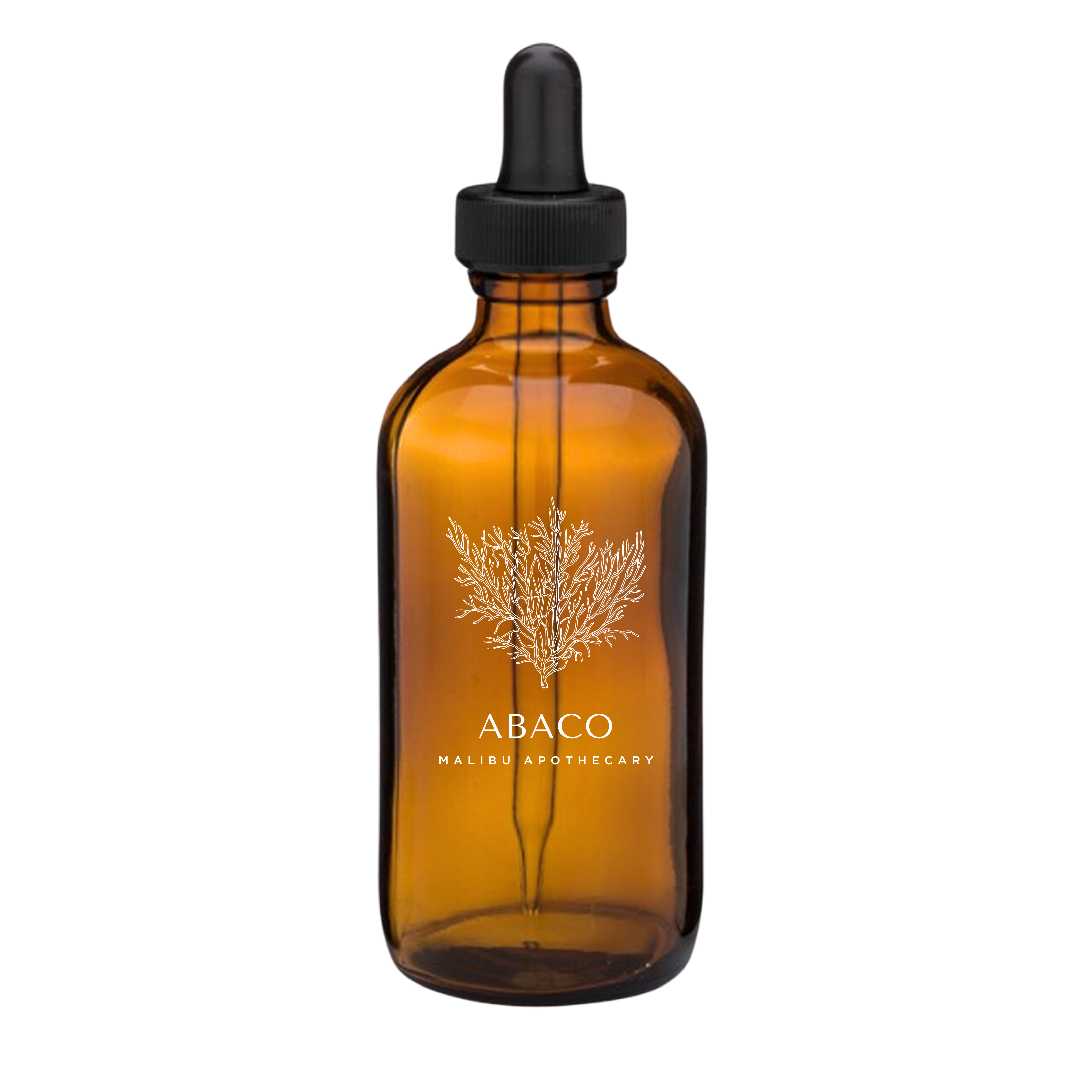 Abaco pure aroma oil in amber glass dropper bottle with coral illustration, featuring red currant, abaco pine and geranium notes for Malibu Apothecary diffusers and luxury scent branding