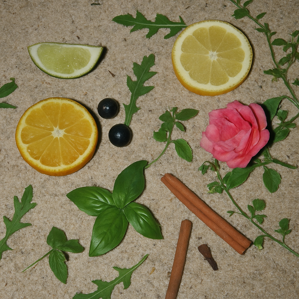 Amalfi candle fragrance ingredients by Malibu Apothecary displayed on sand, featuring bergamot, lime, lemon, cassis berries, basil, arugula, cinnamon, clove, and rose. A citrusy herbal fragrance inspired by Italy’s Amalfi Coast, crafted with clean coconut and soy wax.