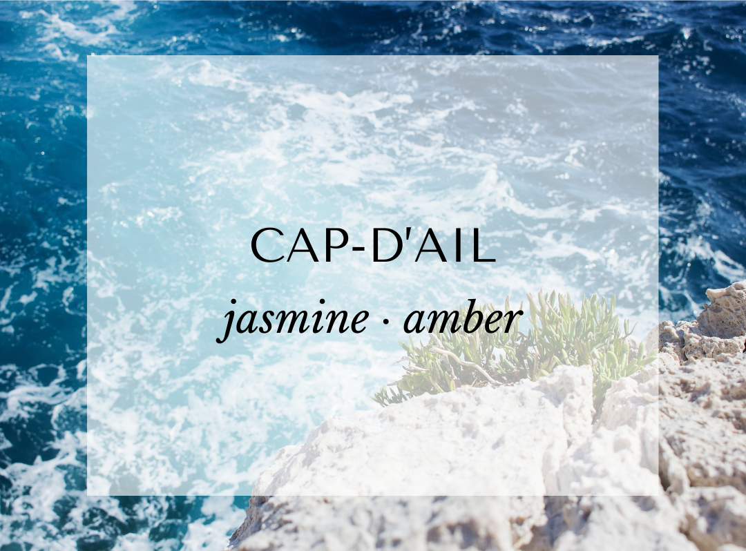 Cap-d’Ail luxury candle scent card by Malibu Apothecary featuring a scenic map of the French Riviera. Fragrance notes include bright mandarin, cedar, and jasmine layered over warm sandalwood, dark musk, and amber. Inspired by the elegance of the Côte d’Azur and crafted with all natural coconut and soy wax.