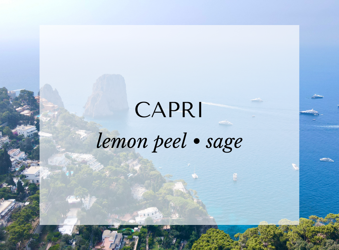 Capri candle scent card by Malibu Apothecary featuring a coastal view of the Italian island. Fragrance notes include lemon peel, lime, sage, stone pine, cyclamen, rose, sandalwood, cedar, patchouli, musk, and vanilla. A fresh citrus and herbal fragrance inspired by the cliffs of Capri, crafted with clean-burning coconut and soy wax.