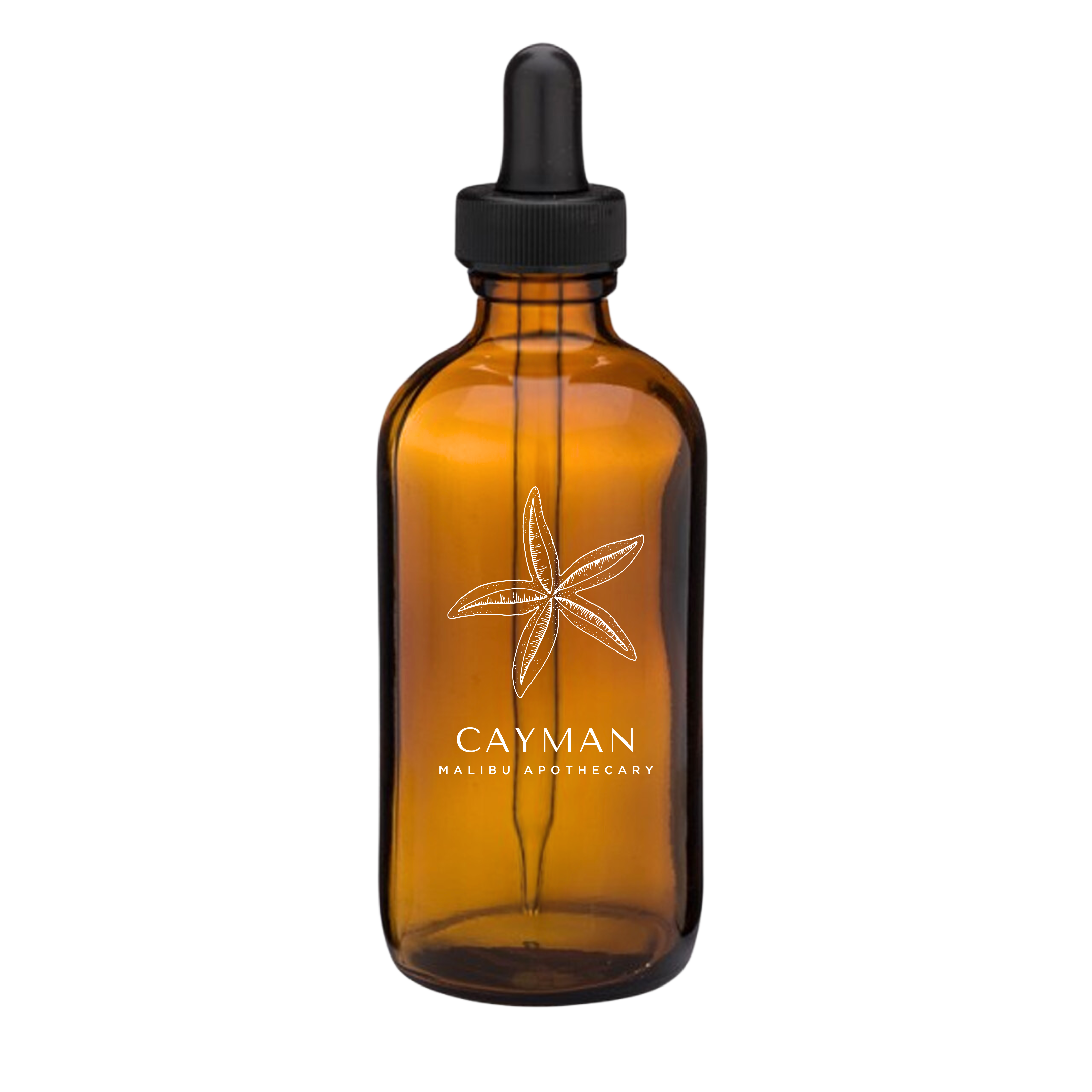 Cayman pure aroma oil in amber glass dropper bottle with starfish logo, featuring lemon, eucalyptus and mint notes for Malibu Apothecary diffusers and luxury scenting