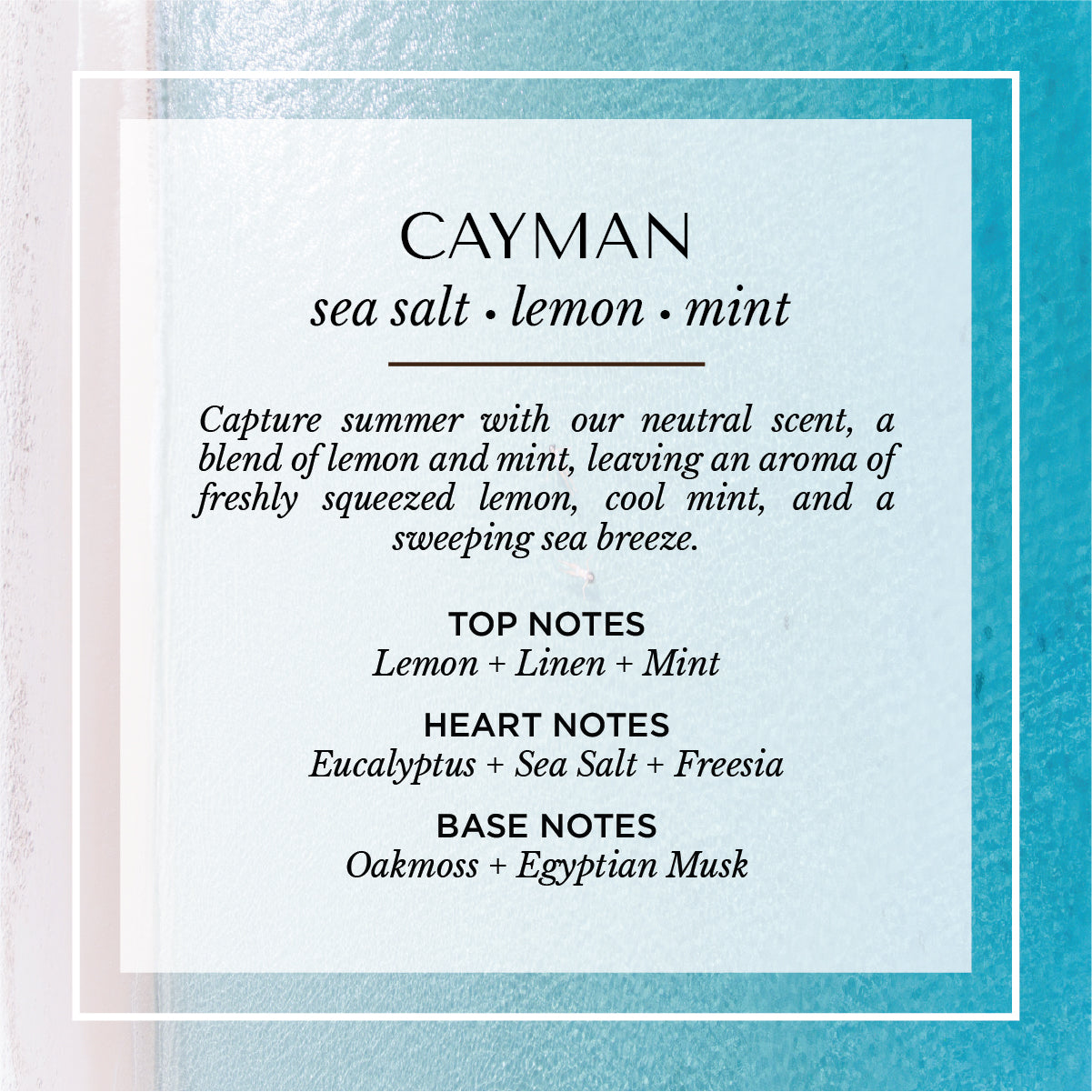 Cayman sea salt and lemon scent description card. A fresh, clean fragrance featuring top notes of lemon, linen, and mint; heart notes of eucalyptus, sea salt, and freesia; and base notes of oakmoss and Egyptian musk. Set against a turquoise ocean background, evoking breezy island air and sunlit coastal calm.