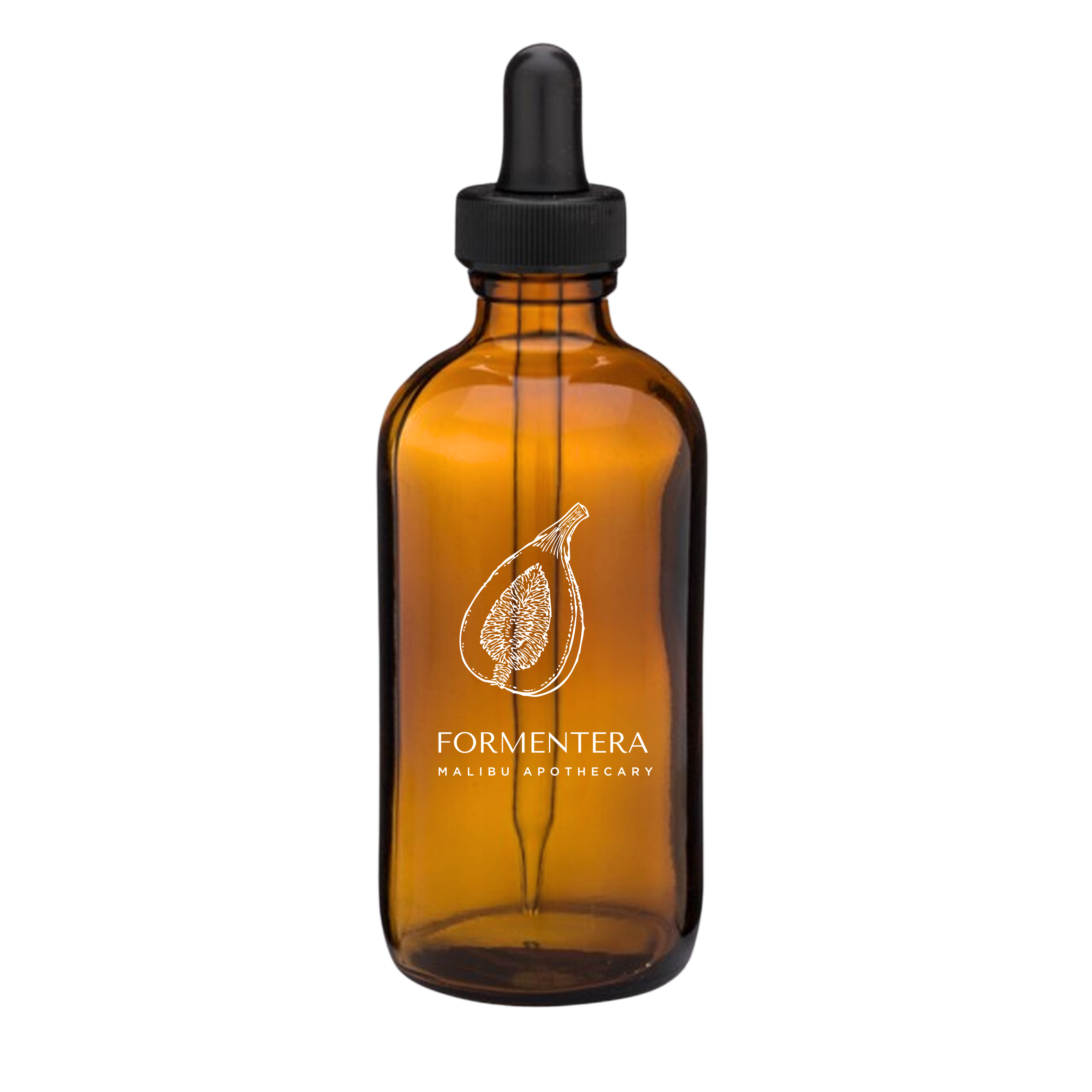 Formentera pure aroma oil in amber glass dropper bottle with fig illustration, featuring fig, coconut and sandalwood notes for Malibu Apothecary diffusers and luxury scent branding