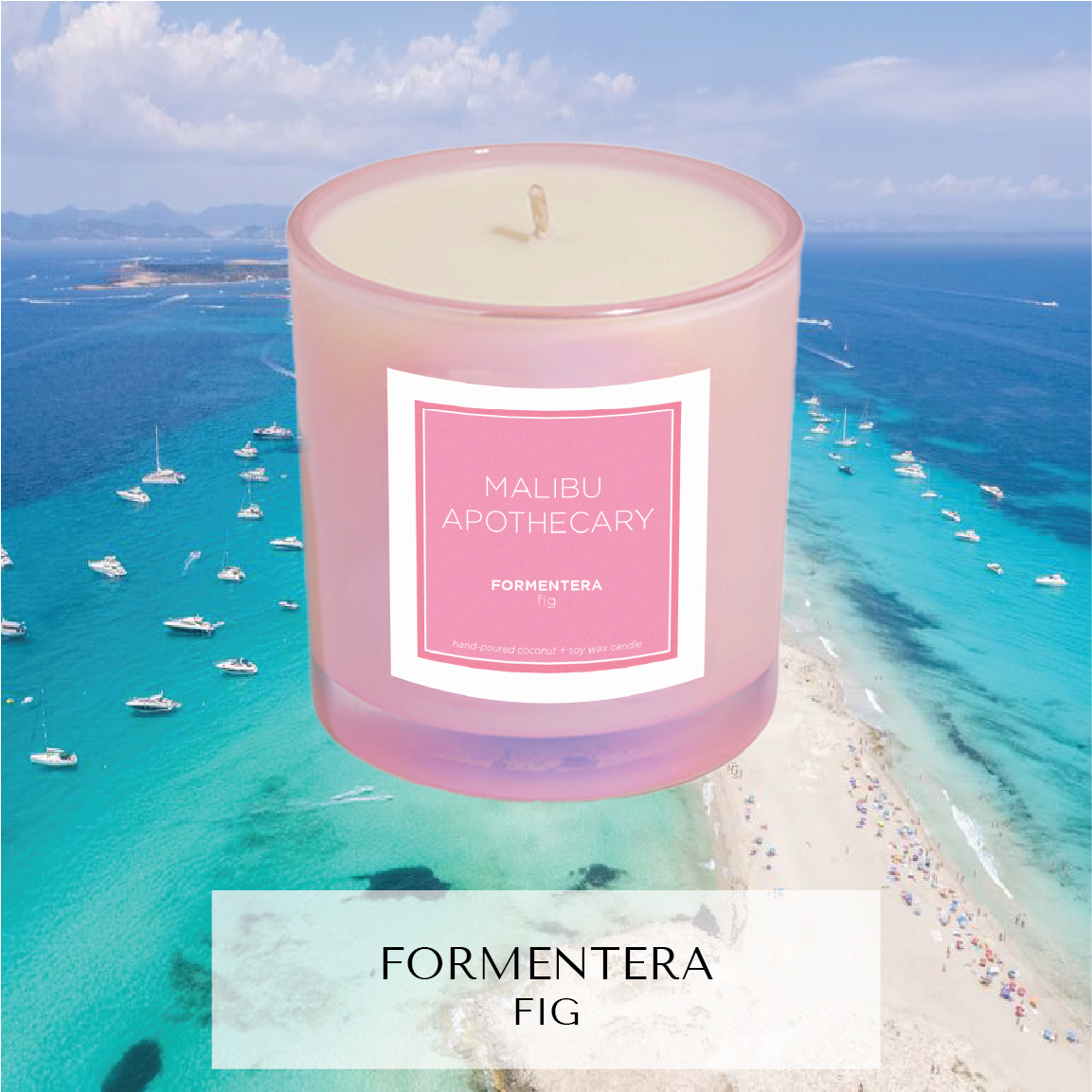 Iridescent Pink candle with notes of Fig reminiscent of Formentera, Spain sitting in front of beach