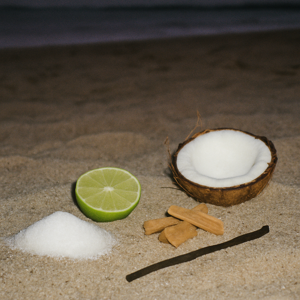 Laguna Beach candle ingredients from Malibu Apothecary displayed on sand, featuring lime, raw sugar, creamy coconut, sandalwood, and vanilla bean. A beachy, sweet, tropical fragrance crafted with non-toxic, all natural coconut and soy wax.