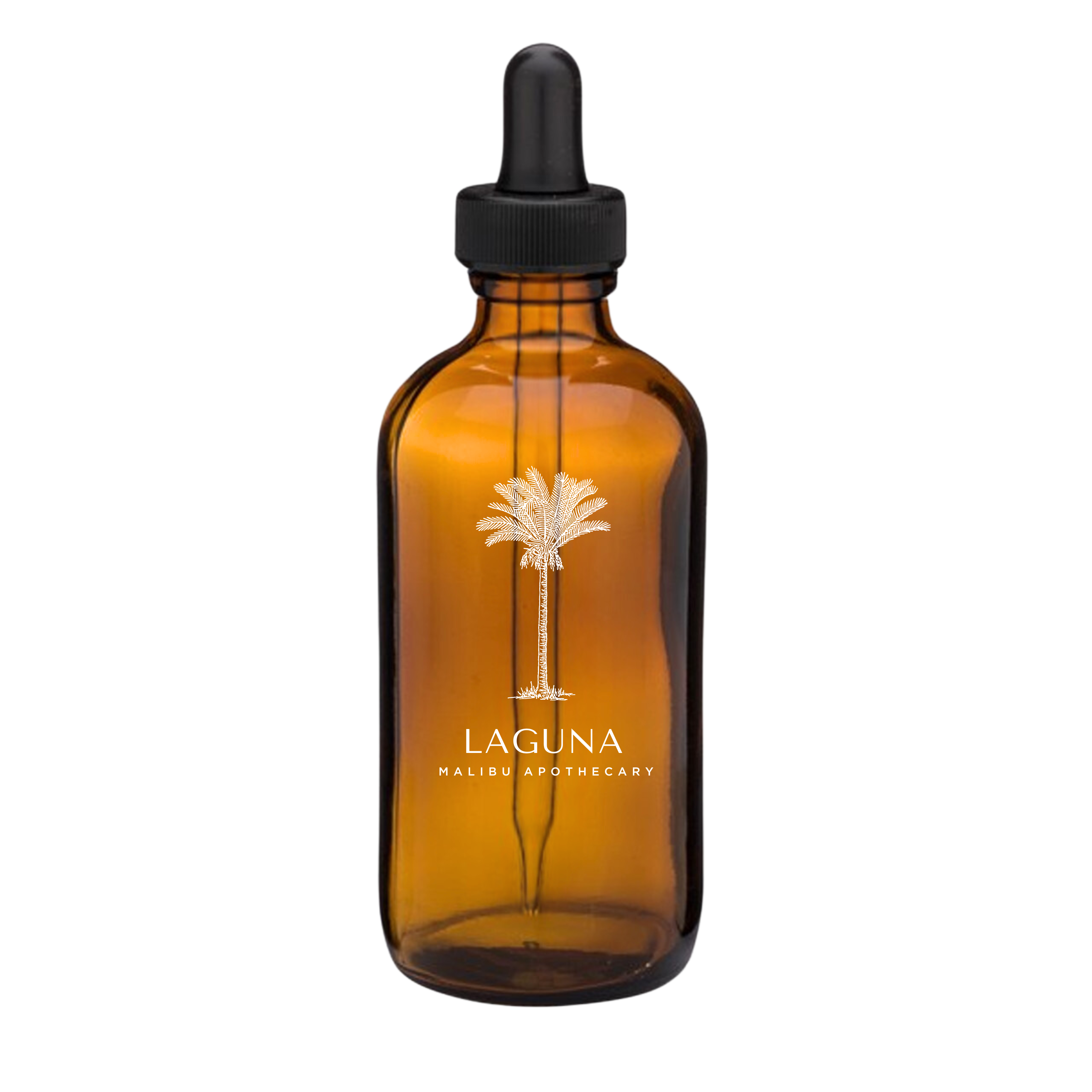Laguna pure aroma oil in amber glass dropper bottle with palm tree design, notes of sugar, coconut and vanilla for Malibu Apothecary diffusers