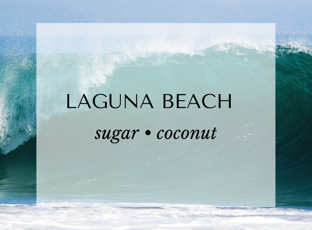 Laguna Beach candle scent card by Malibu Apothecary featuring an ocean wave background. Fragrance notes include sweet sugar, rum, lime, creamy coconut, sandalwood, and vanilla bean. A coastal-inspired luxury candle crafted with all natural coconut and soy wax.