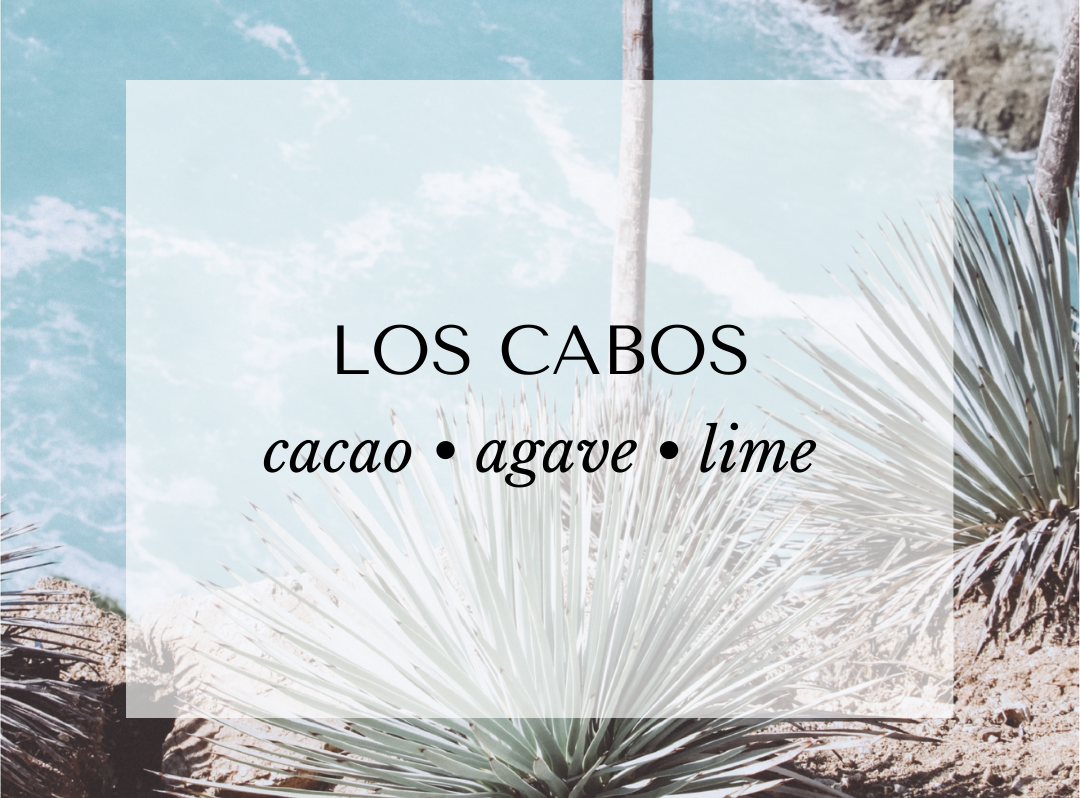 Malibu Apothecary Los Cabos personal fragrance scent card featuring cacao, agave, and lime. Fragrance note profile includes bright lime, cardamom, and grapefruit top notes; floral agave flower and lily heart; grounded in cedarwood, vetiver, cacao, vanilla, musk, and cinnamon base.