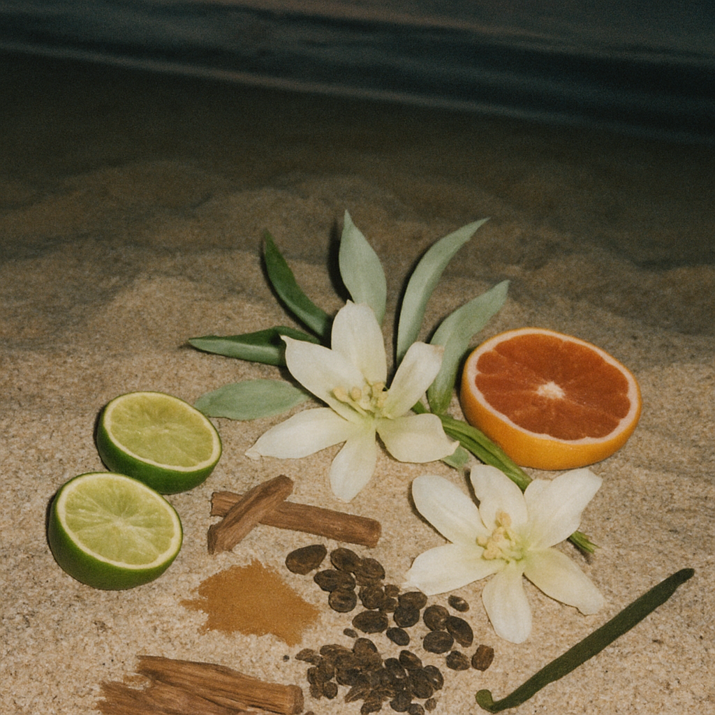 scent notes in Los cabos with Top: Lime + Cardamom + Grapefruit
Heart: Agave Flower + Lily
Base: Cedarwood + Vetiver + Cacao + Vanilla + Musk + Cinnamon