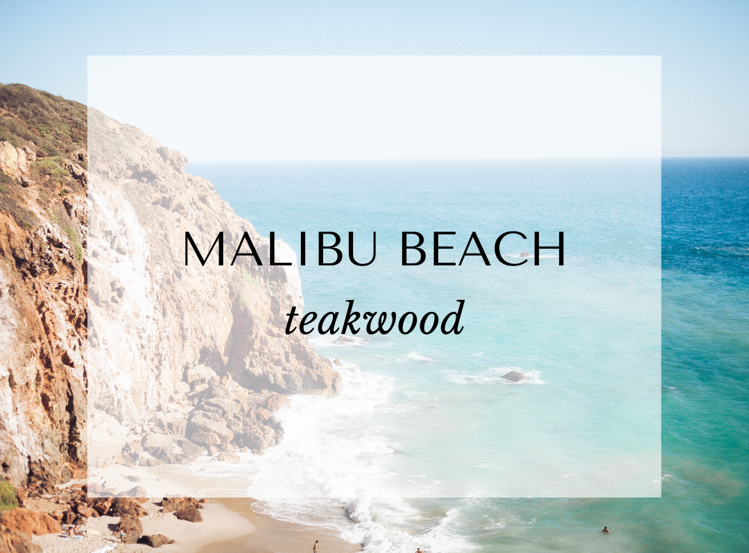 Malibu Beach candle scent card by Malibu Apothecary with a coastal cliffside background. Features fragrance notes of cardamom, citrus, teakwood, jasmine, rose, smoke, sandalwood, and musk. Inspired by Malibu’s sun-soaked shores and crafted in a clean-burning coconut and soy wax blend.