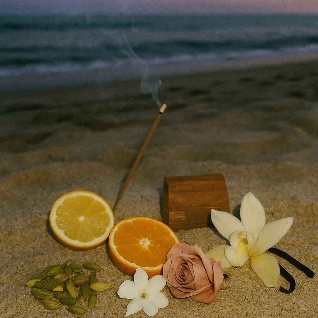 Malibu Beach candle ingredients flatlay from Malibu Apothecary displayed on sand, featuring citrus, cardamom pods, jasmine, rose petals, smoky wood, sandalwood, and musk. A luxurious coastal fragrance capturing the spirit of Malibu with clean, non-toxic coconut soy wax.
