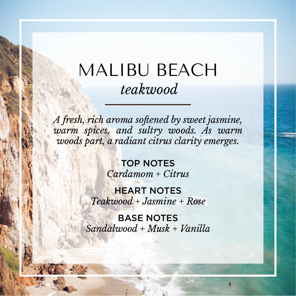 Malibu Beach clean linen and sea salt scent description card. A fresh, coastal fragrance with notes of linen, sea salt, jasmine, and soft woods. Set against a sunlit shoreline, evoking breezy ocean air, warm sand, and laid-back California elegance.
