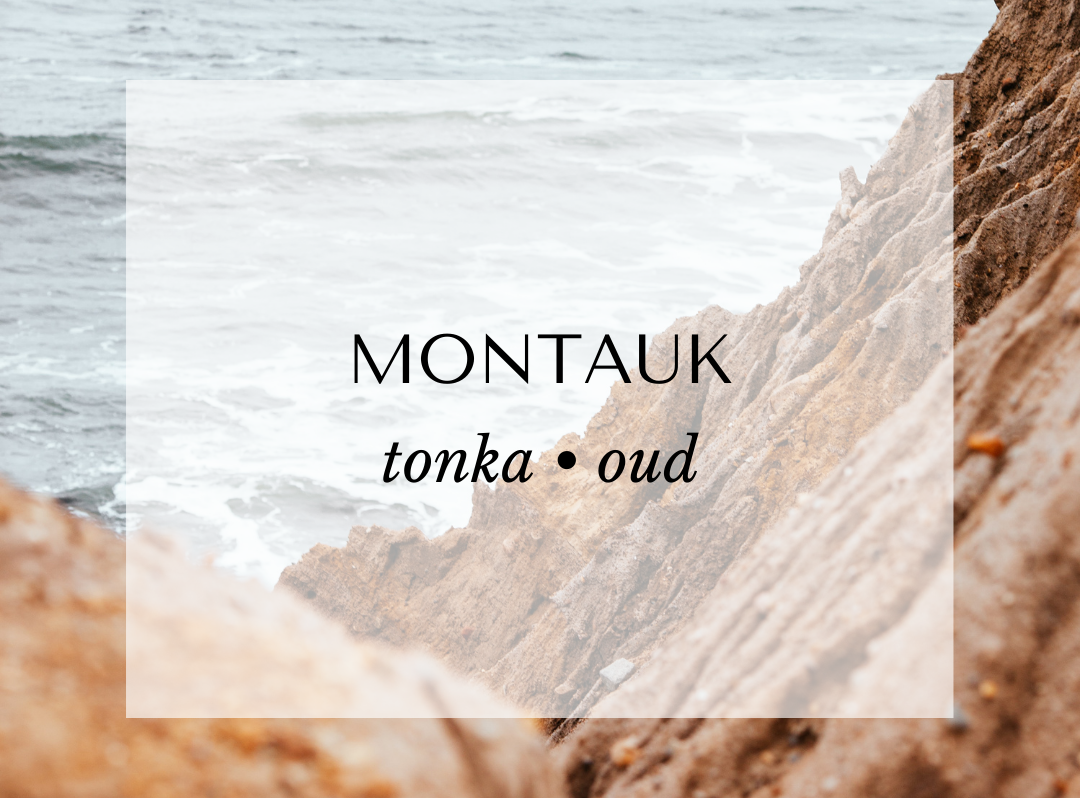 Montauk candle scent card by Malibu Apothecary, featuring a rugged East Coast cliffside overlooking a stormy sea. This luxury fragrance highlights tonka bean, oud, amaretto, and musk, evoking a rich and cozy coastal escape.