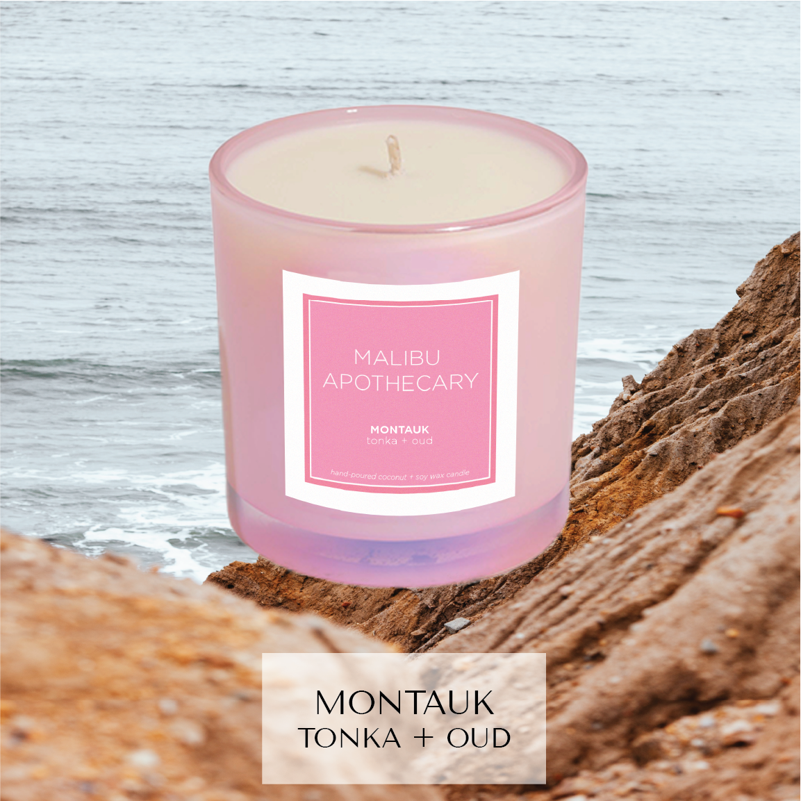Montauk, Hamptons inspired candle with notes of tonka bean and oud sitting in front of cliffs on atlantic ocean