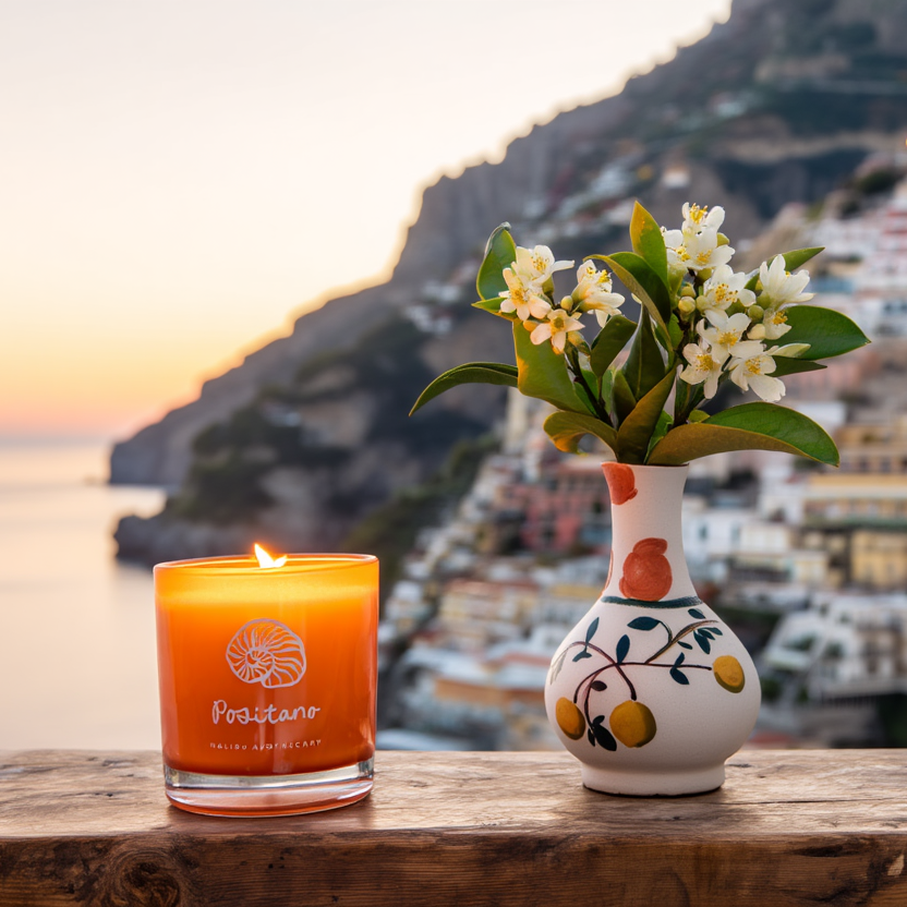 Positano Candle and vase with flowers on a ledge overlooking a coastal town  in Amalfi at sunset.