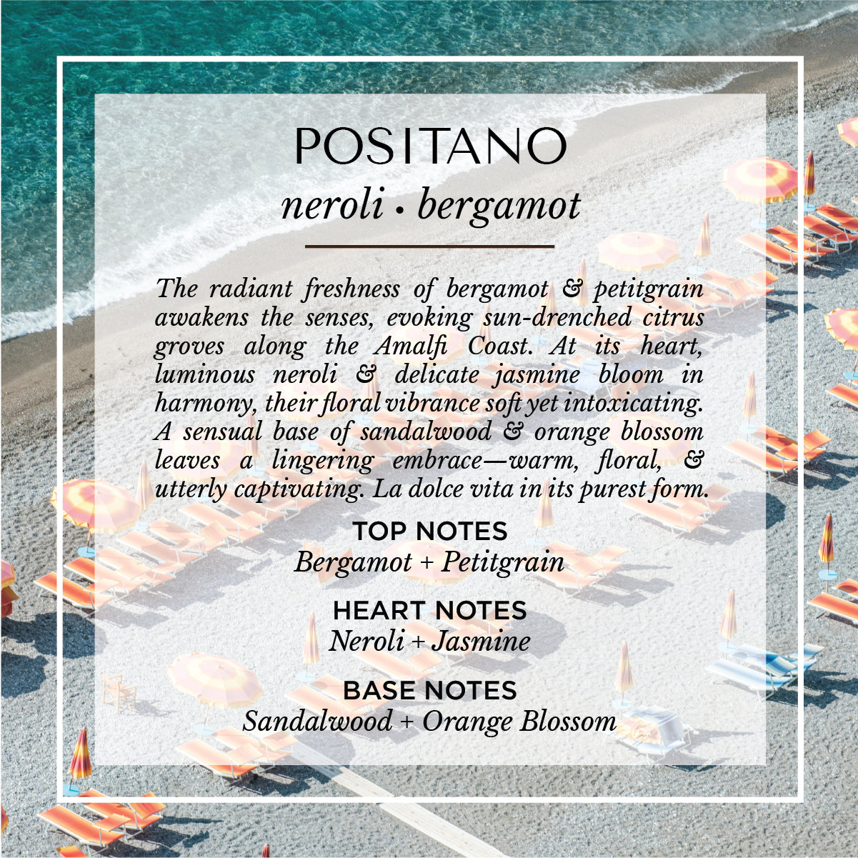 Positano neroli and bergamot scent description card. A fresh, citrus-floral fragrance with top notes of bergamot and petitgrain; heart notes of neroli and jasmine; and base notes of sandalwood and orange blossom. Set against a vibrant Amalfi Coast beach scene, evoking sun-drenched citrus groves and coastal romance.