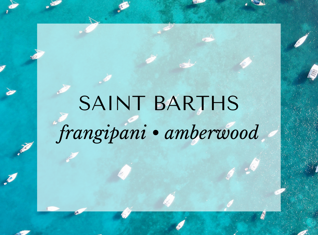 Malibu Apothecary Saint Barths scent card featuring turquoise Caribbean waters and sailboats, highlighting fragrance notes of mandarin, bergamot, saffron, ginger, Moroccan rose, frangipani, vanilla, white musk, and amberwood.
