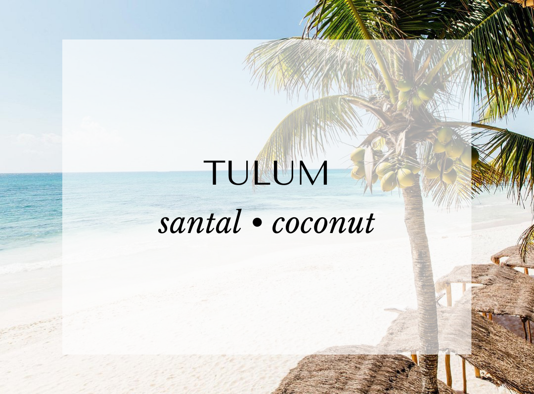Malibu Apothecary Tulum personal fragrance scent card with tropical beach background. Features warm sandalwood, creamy coconut, benzoin, orange, tonka bean, amyris, cedarwood, and patchouli for a bohemian woody coastal scent.