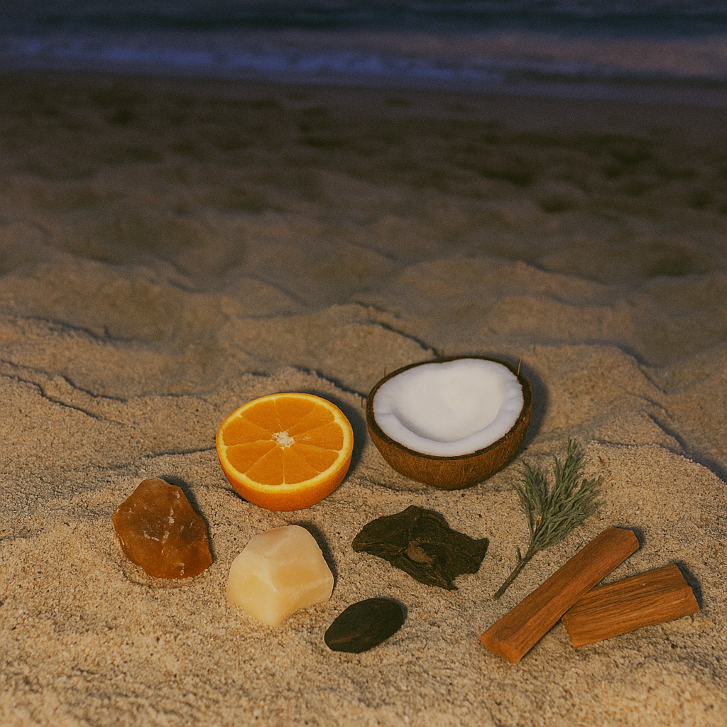 Top: Benzoin + Orange
Heart: Sandalwood + Coconut
Base: Tonka Bean + Amyris + Cedarwood + Patchouli