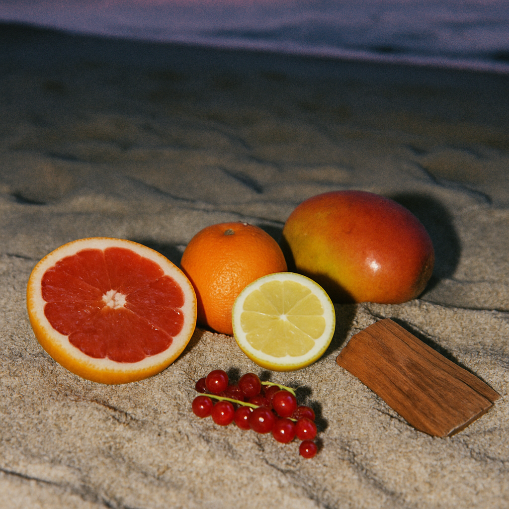 Turks & Caicos candle fragrance ingredients by Malibu Apothecary displayed on sand, featuring grapefruit, mandarin orange, lemon, ripe mangosteen, red currant, vanilla, and warm wood. A tropical citrus-forward fragrance inspired by Caribbean beaches, crafted with all natural coconut and soy wax.