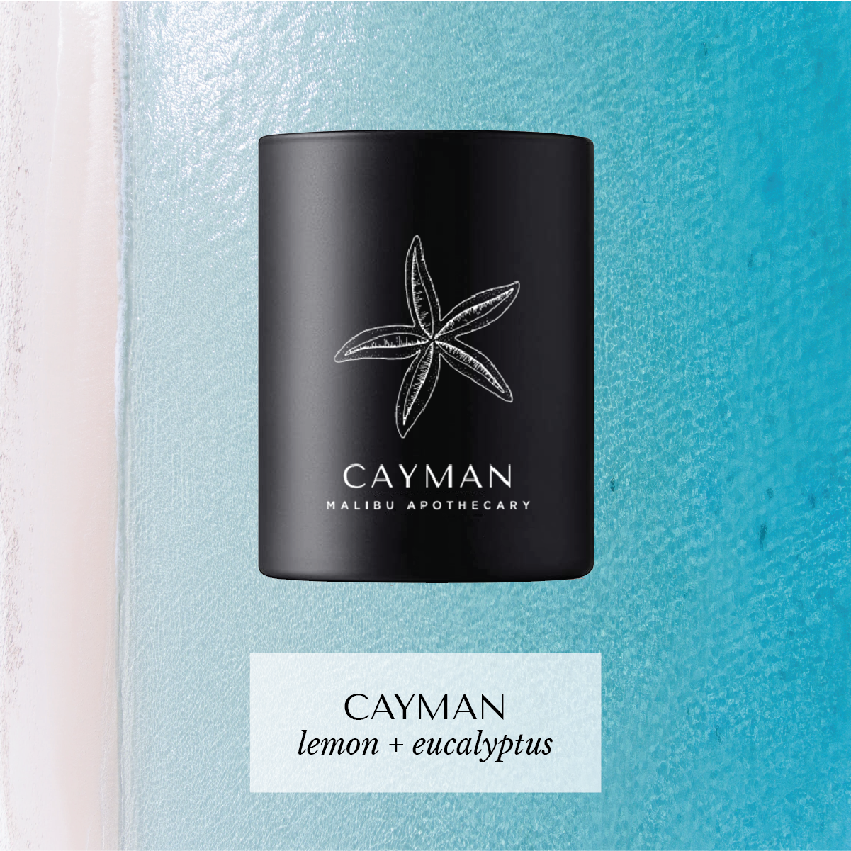 Cayman votive candle with starfish design and lemon-eucalyptus scent displayed over a turquoise ocean gradient, made with coconut and soy wax.