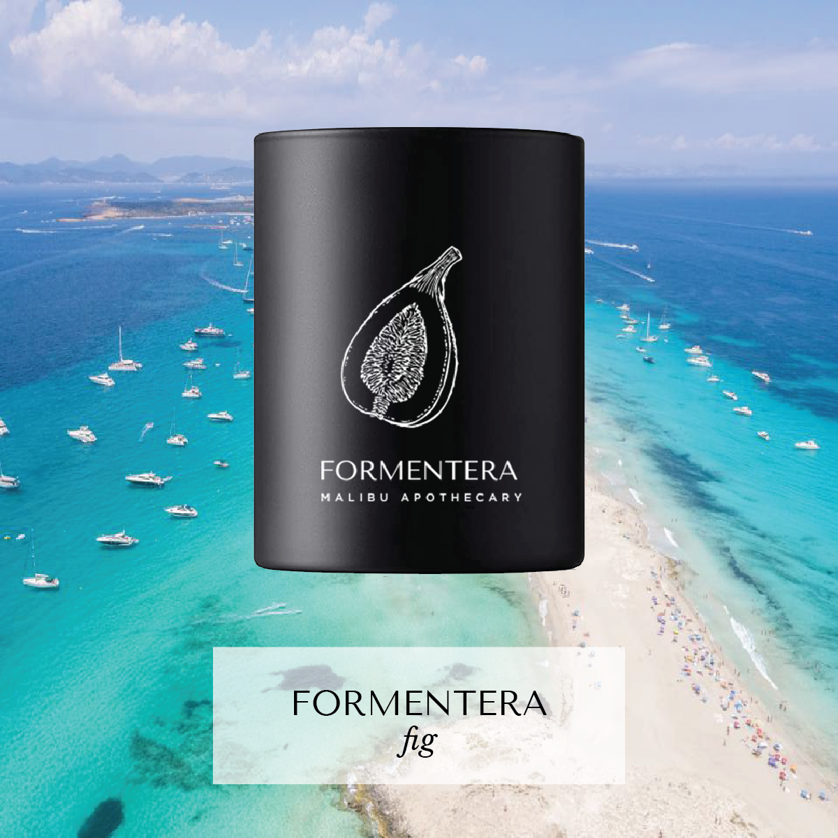 Formentera votive candle with fig fruit design and fig scent over aerial view of Formentera island with turquoise waters and boats, made with coconut and soy wax.
