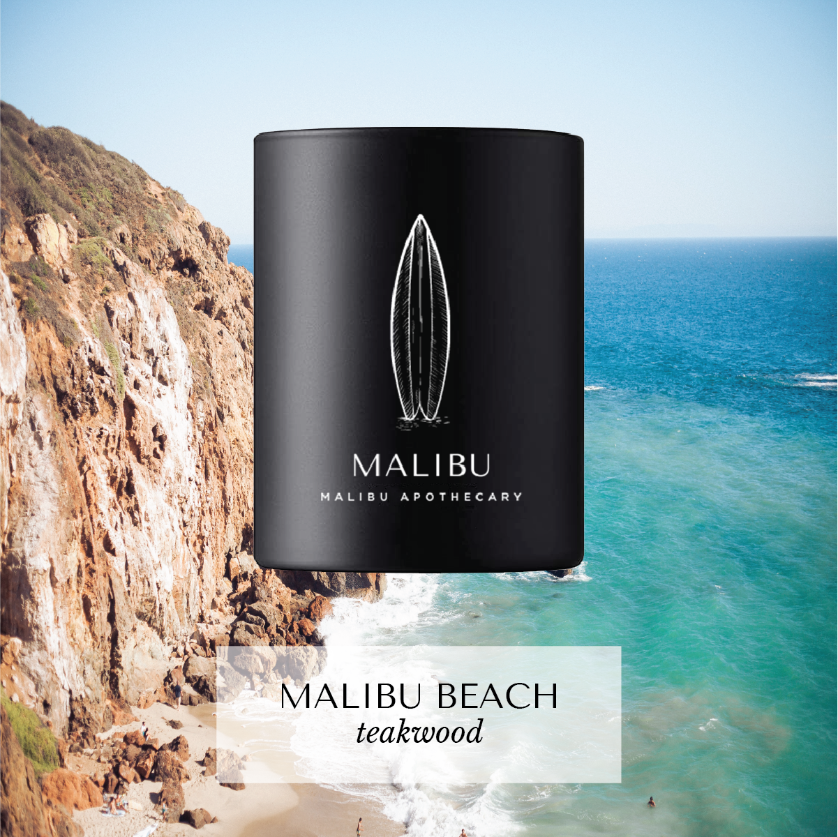 Malibu Beach votive candle with surfboard logo and teakwood scent set against a coastal cliff and turquoise ocean, hand-poured with coconut and soy wax.