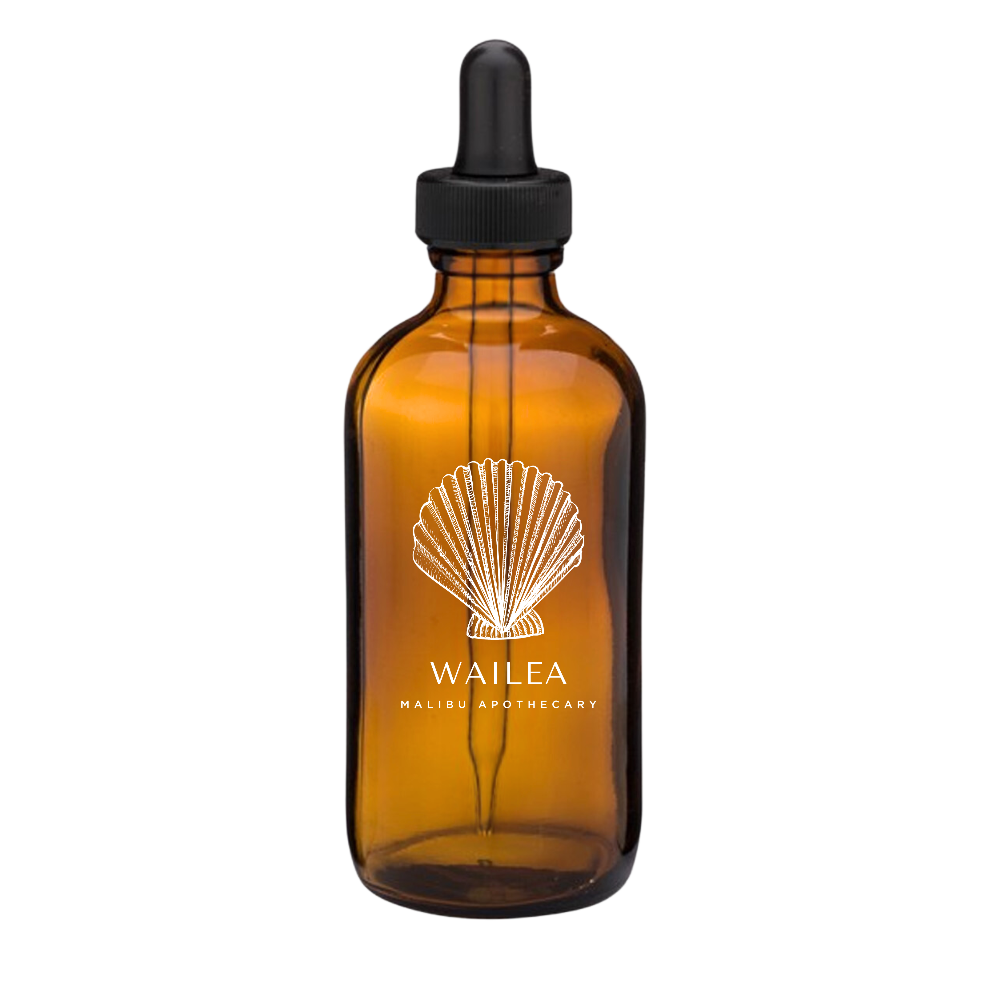 Wailea pure aroma oil in amber glass dropper bottle with seashell illustration, featuring gardenia and sea air notes for Malibu Apothecary diffusers and luxury scent branding