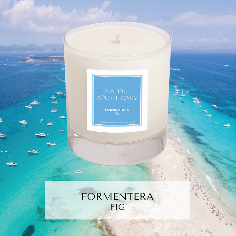 Scented candle in Clear Gloss x Blue in Formentera, fig scent on beach in Ibiza