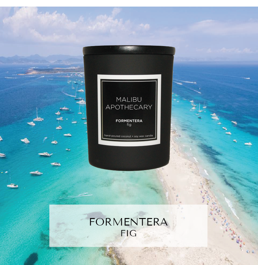 Mini matte black Malibu Apothecary candle labeled Formentera fig over a coastal aerial view of Formentera island with turquoise water and white sand, highlighting fig scent notes and made with all natural coconut and soy wax