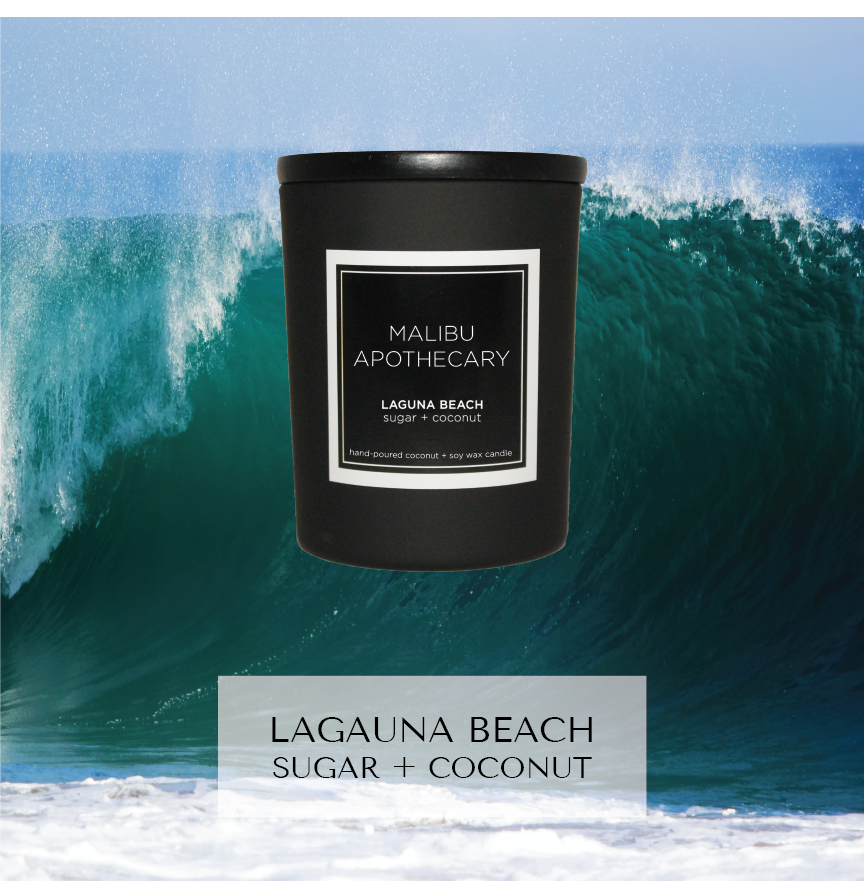 Mini matte black Malibu Apothecary candle labeled Laguna Beach sugar + coconut placed over an ocean wave background with 'Laguna Beach sugar + coconut' text, highlighting coconut and sugar notes and made with all natural coconut and soy wax