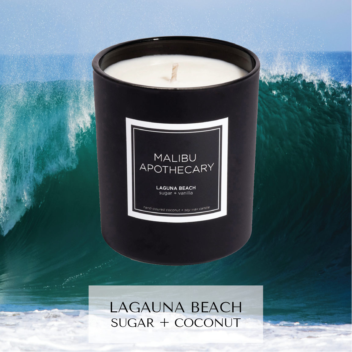 Matte black Malibu Apothecary candle labeled Laguna Beach sugar + coconut set against a crashing ocean wave, highlighting coconut and sugar notes and made with all natural coconut and soy wax