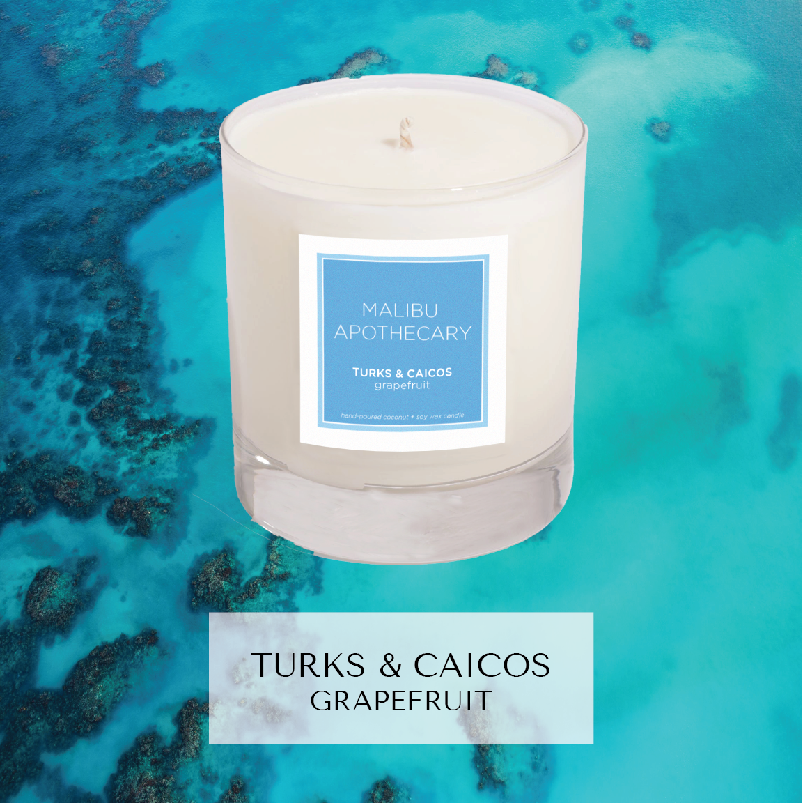 Turks & Caicos islands inspired candle with notes of grapefruit in front of beach