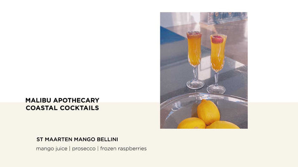 Clean Craft Coastal Cocktail inspired by St Maarten with mango juice, prosecco, and frozen raspberries