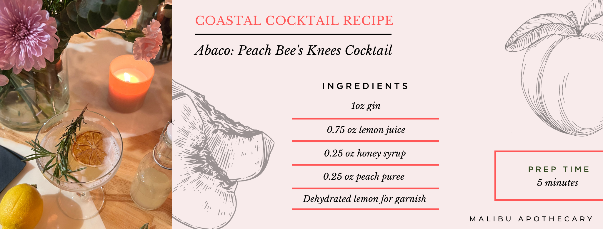 Abaco inspired craft cocktail with gin, peach puree, honey, lemon for garnish