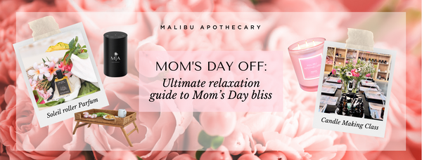 Mom's Day Off: The Ultimate Guide to Mother's Day Bliss from Malibu Apothecary. Includes image of pink Malibu Apothecary candle, Pottery Barn rattan serving tray with stand, and Malibu Apothecary roller perfume in scent Los Cabos