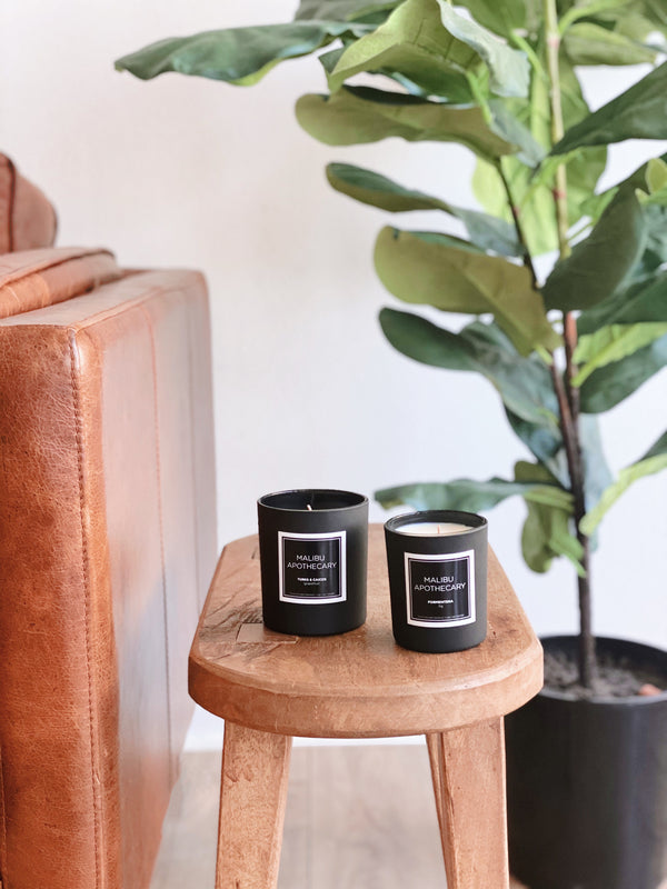 Malibu Apothecary matte black candle and mini black matte candle on a wood table in a living room with a fiddle leaf fig tree in the background
