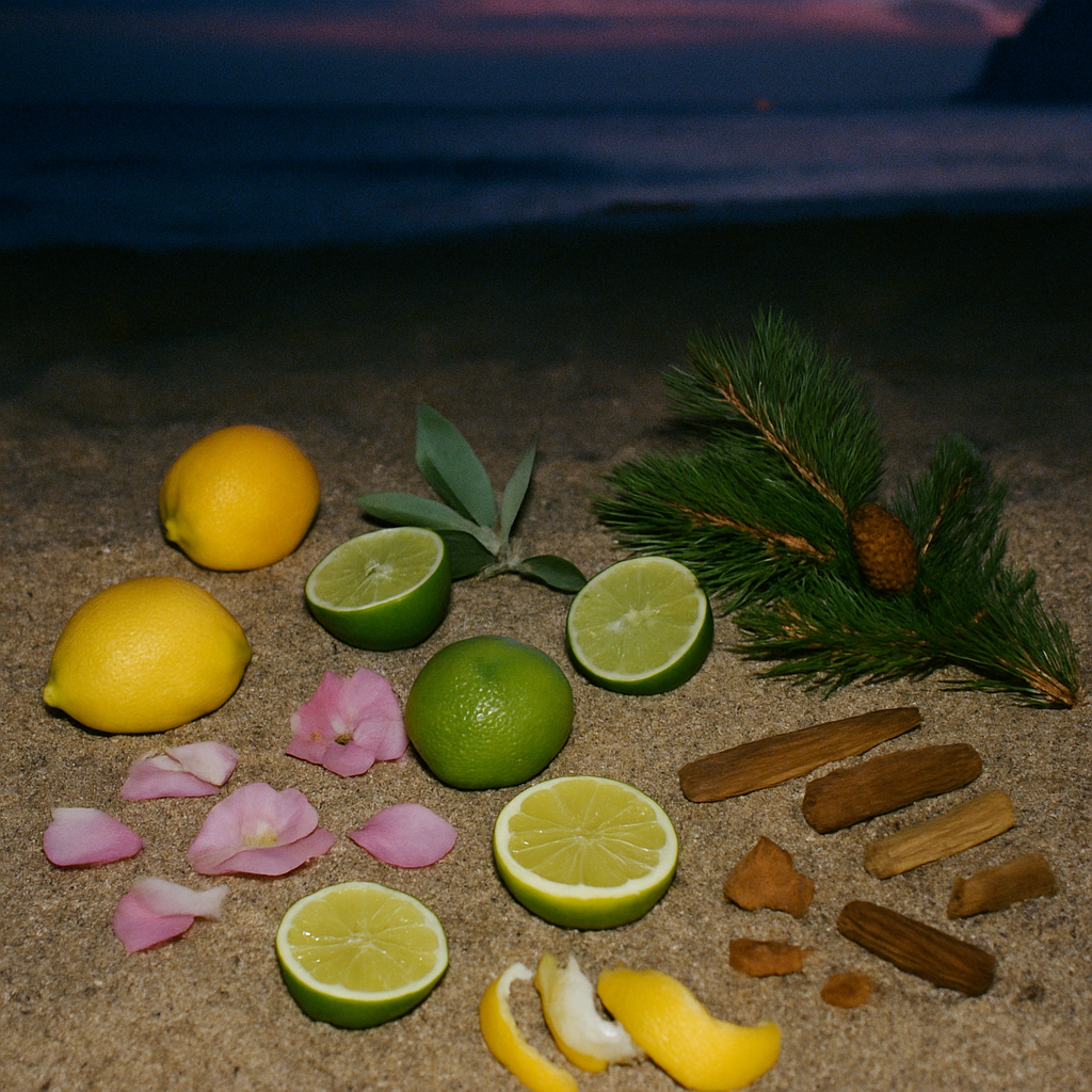 Capri candle fragrance ingredients by Malibu Apothecary displayed on sand at sunset, featuring lemon peel, lime, sage, pine, rose petals, sandalwood, cedar, patchouli, musk, and vanilla. A citrusy herbal fragrance inspired by Italy’s Capri coast, crafted with non-toxic coconut and soy wax.