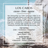 Los Cabos teakwood and vanilla scent description card. A warm, spiced fragrance with top notes of citrus peel and cardamom; heart notes of teakwood and sheer white florals; and base notes of amber, musk, and vanilla. Set against a desert-meets-ocean backdrop, evoking golden sunsets, coastal heat, and Baja luxury.