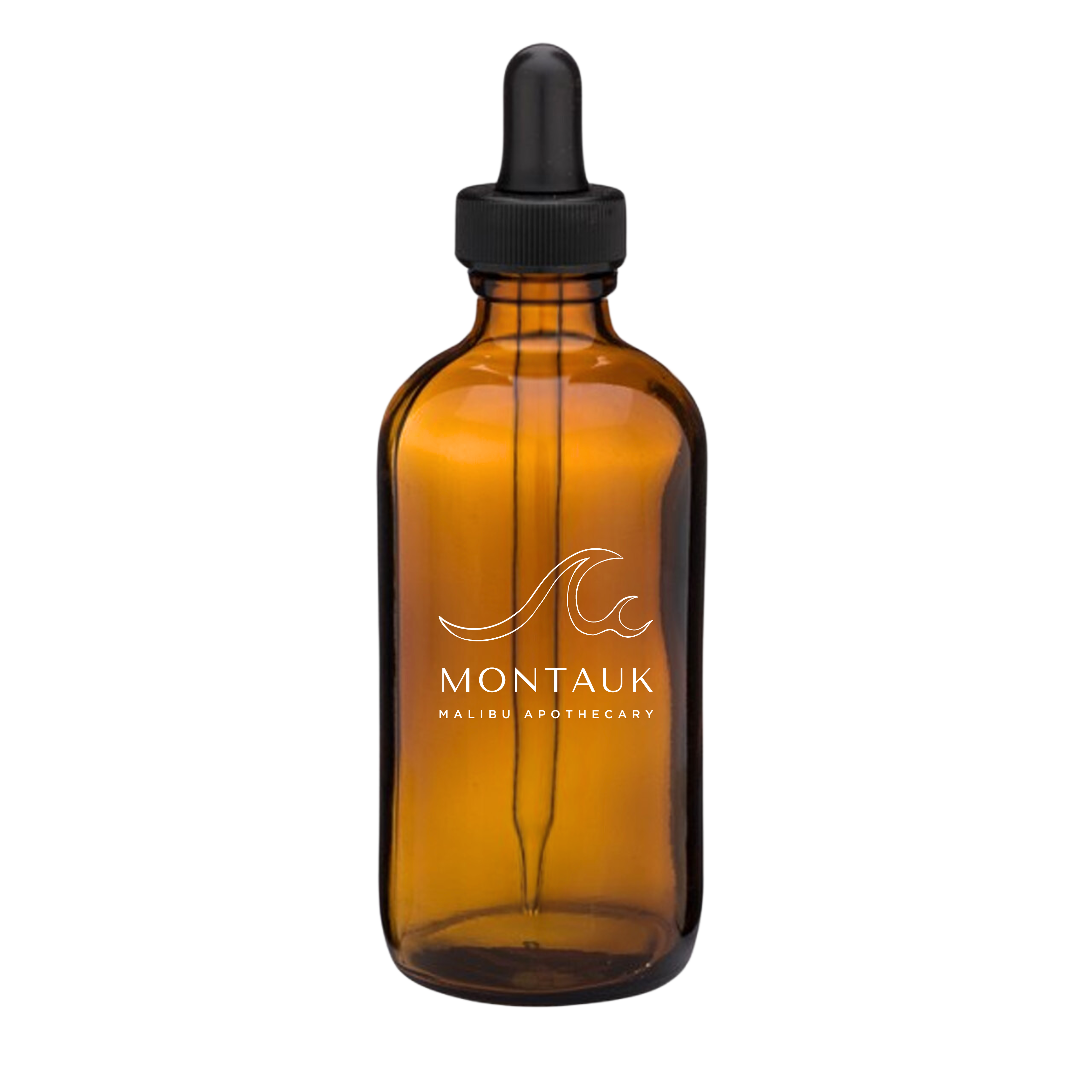 Montauk pure aroma oil in amber glass dropper bottle with wave logo, notes of tonka and oud, for Malibu Apothecary diffusers