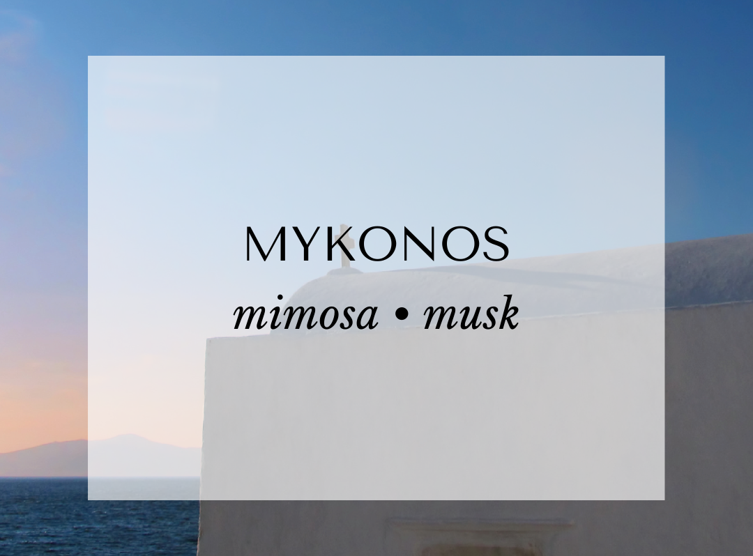 Mykonos personal fragrance scent card with Mediterranean seaside view, highlighting mimosa flower, pink pepper, almond, white musk, sandalwood, and coumarin for a soft floral-woody perfume.