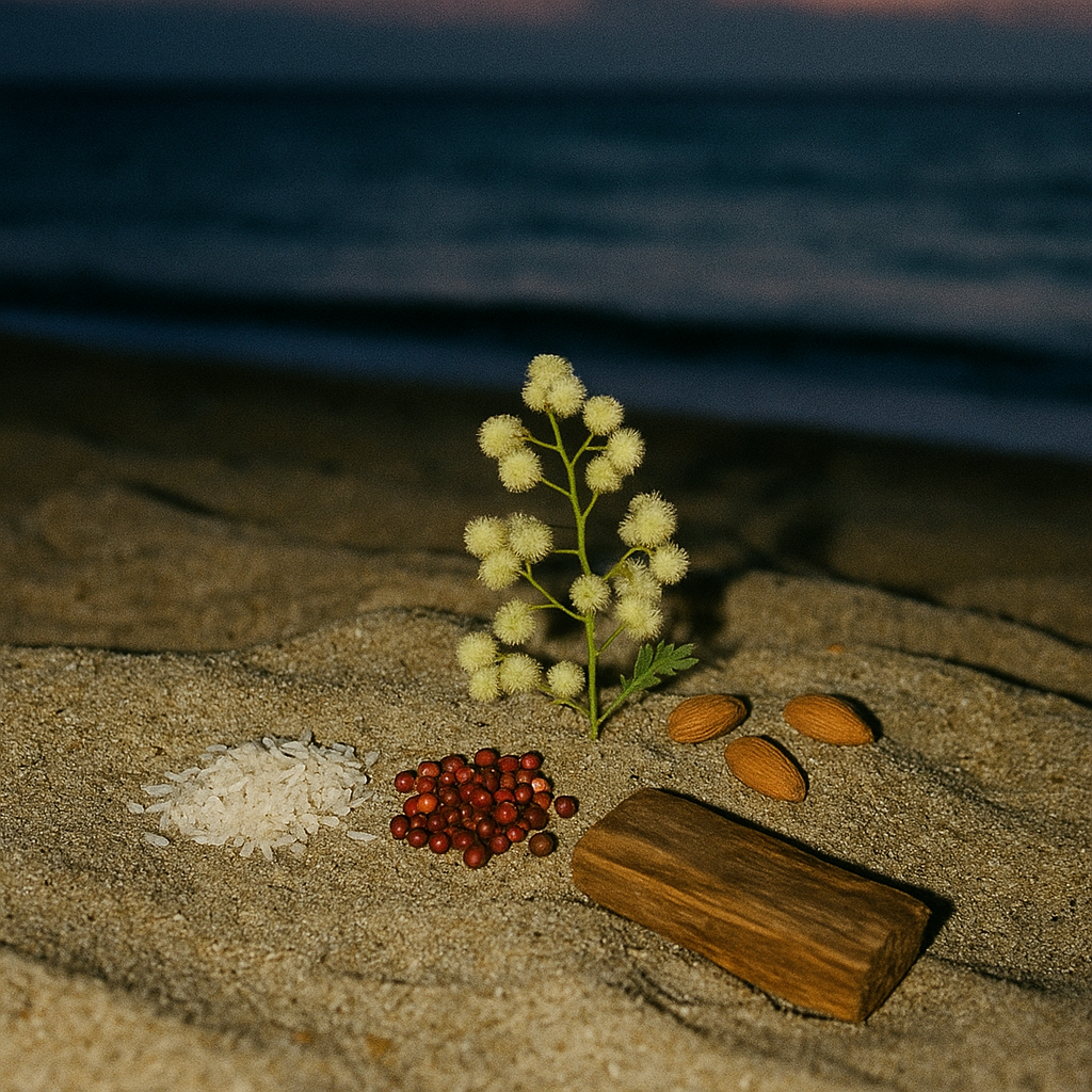 Mykonos fragrance notes arrangement on beach sand with mimosa flower, pink pepper berries, rice grains, almonds, and sandalwood wood block — representing floral, spicy, nutty, and musky perfume profile.