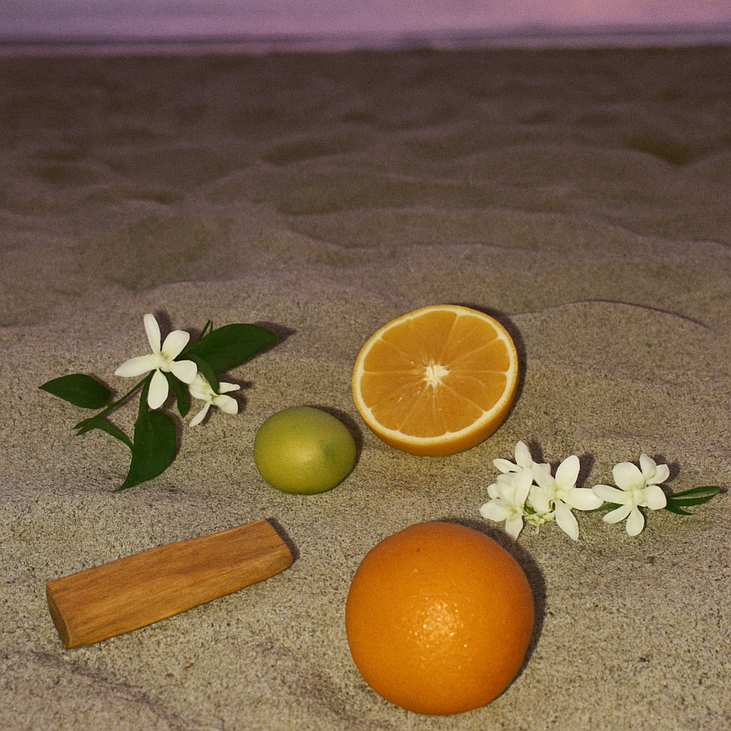 Positano candle fragrance notes styled on sand with citrus and florals. Ingredients include bergamot, petitgrain, neroli, jasmine, sandalwood, and orange blossom. A bright Italian-inspired citrus floral candle made with clean soy-coconut wax by Malibu Apothecary.