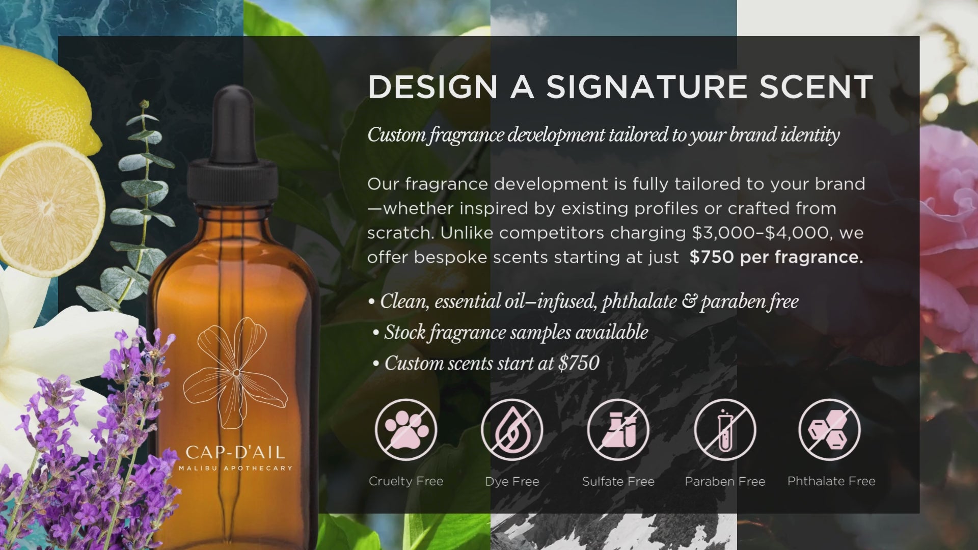 Malibu Apothecary custom fragrance development banner featuring amber dropper bottle, botanical ingredients, and text promoting clean, non-toxic, essential-oil infused signature scent design for brands with bespoke formulas starting at $750.”